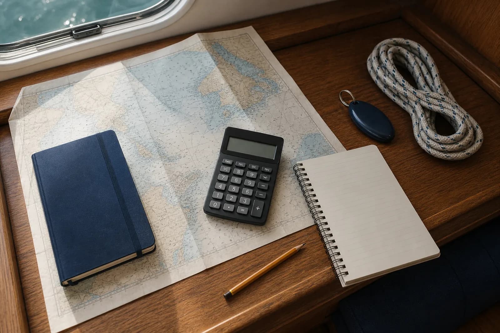 A calculator, notebook and key fob arranged on a nautical chart