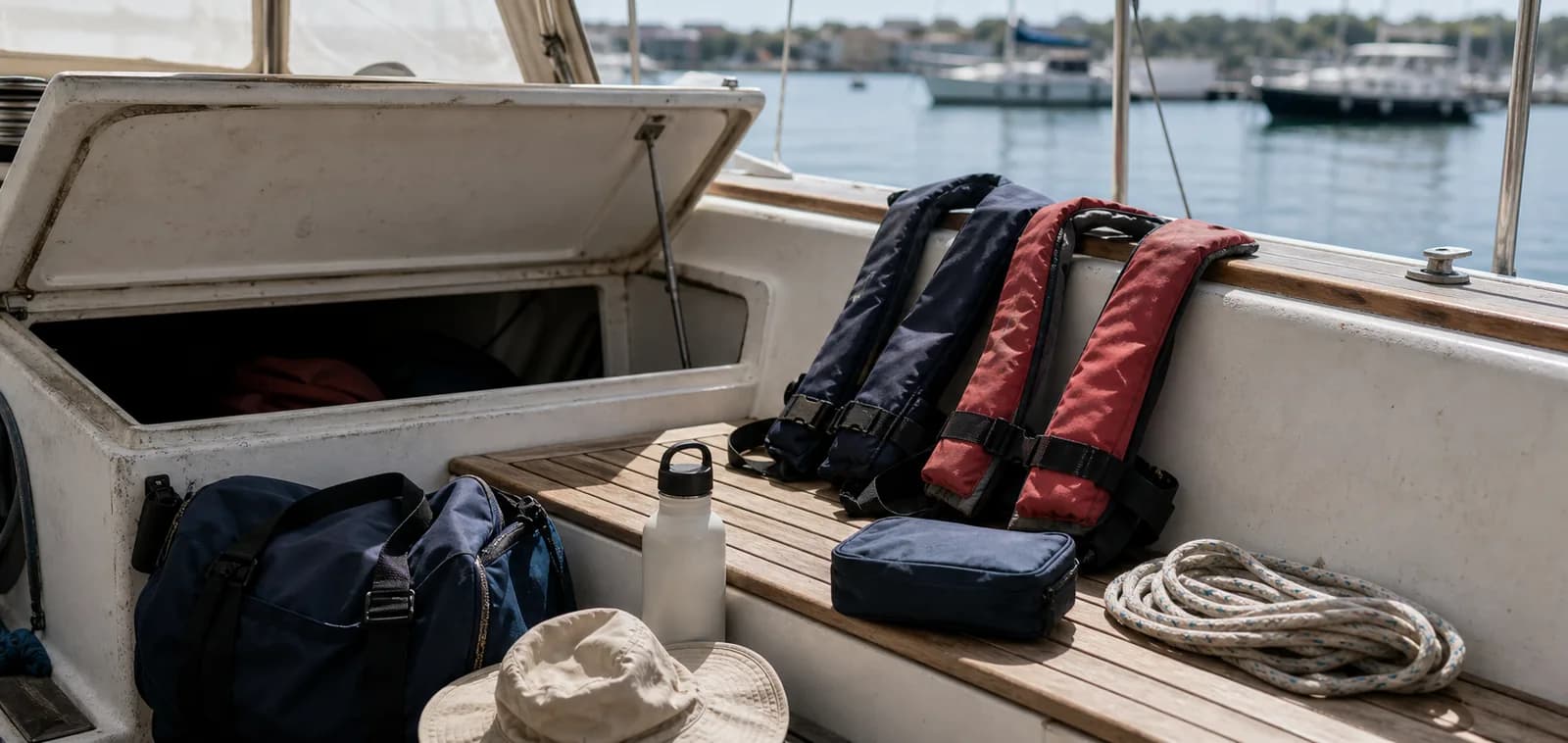 Lifejackets, a soft bag, water bottle and rope arranged in a yacht cockpit before departure